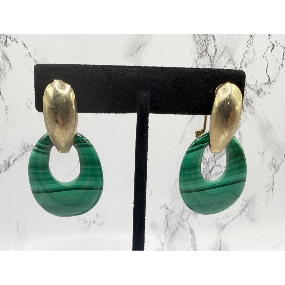 Vintage Malachite Look Gold Tone Omega Earrings‎ Green 1.5" Detachable